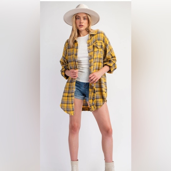 TALULAH Tops - TALULAH Yellow Blue Plaid Shirt Button Down Granola girl Fall M Cotton Cowgirl